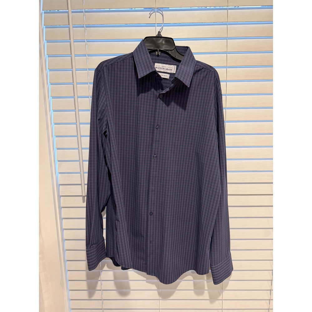 MIZZEN+MAIN Leeward X-Large Trim Fit Blue Plaid Dress Shirt Men's Long Sleeve